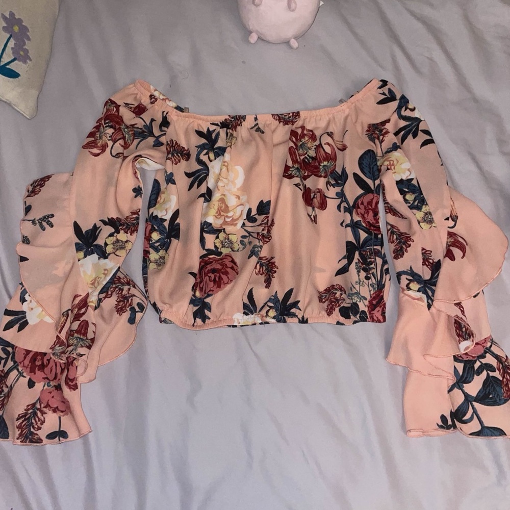 Charlotte Russe Floral Off-Shoulder Long Sleeve Top - Pink and Navy